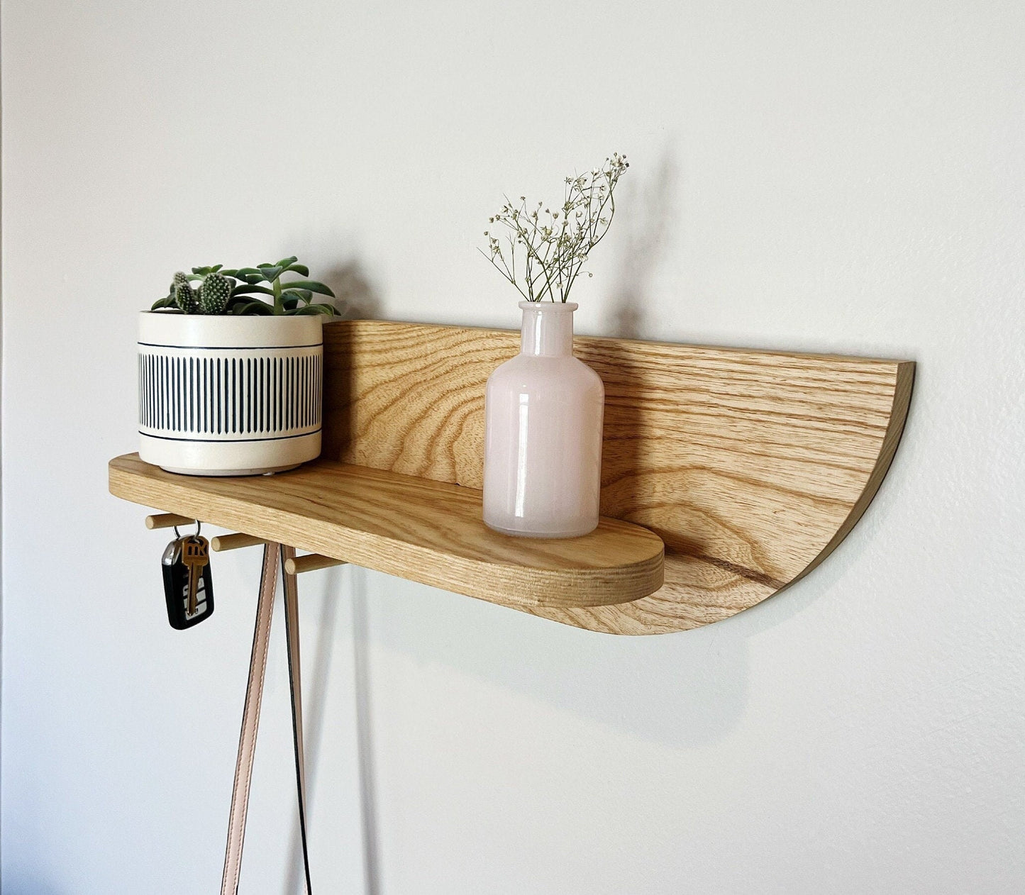 Modern Wall Shelf with Hooks, Entryway Organizer with Wooden Pegs, Solid Hardwood Decor, Tiny Home Apartment Shelf, Continuous Flowing Shelf