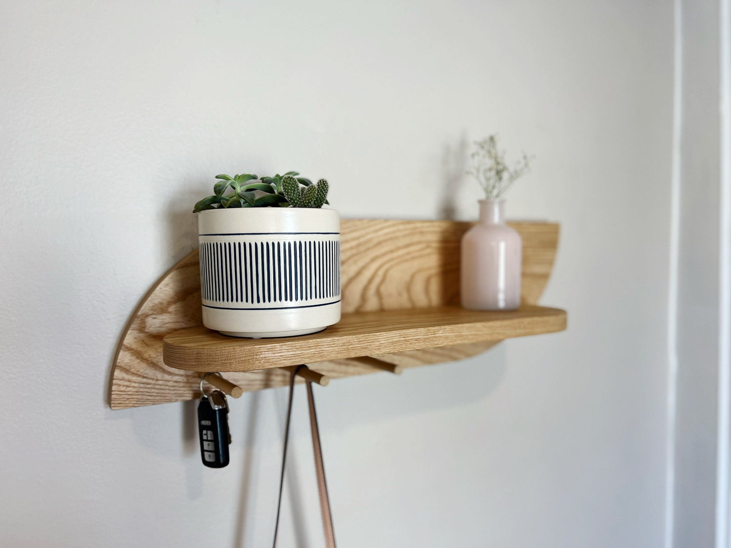 Modern Wall Shelf with Hooks, Entryway Organizer with Wooden Pegs, Solid Hardwood Decor, Tiny Home Apartment Shelf, Continuous Flowing Shelf