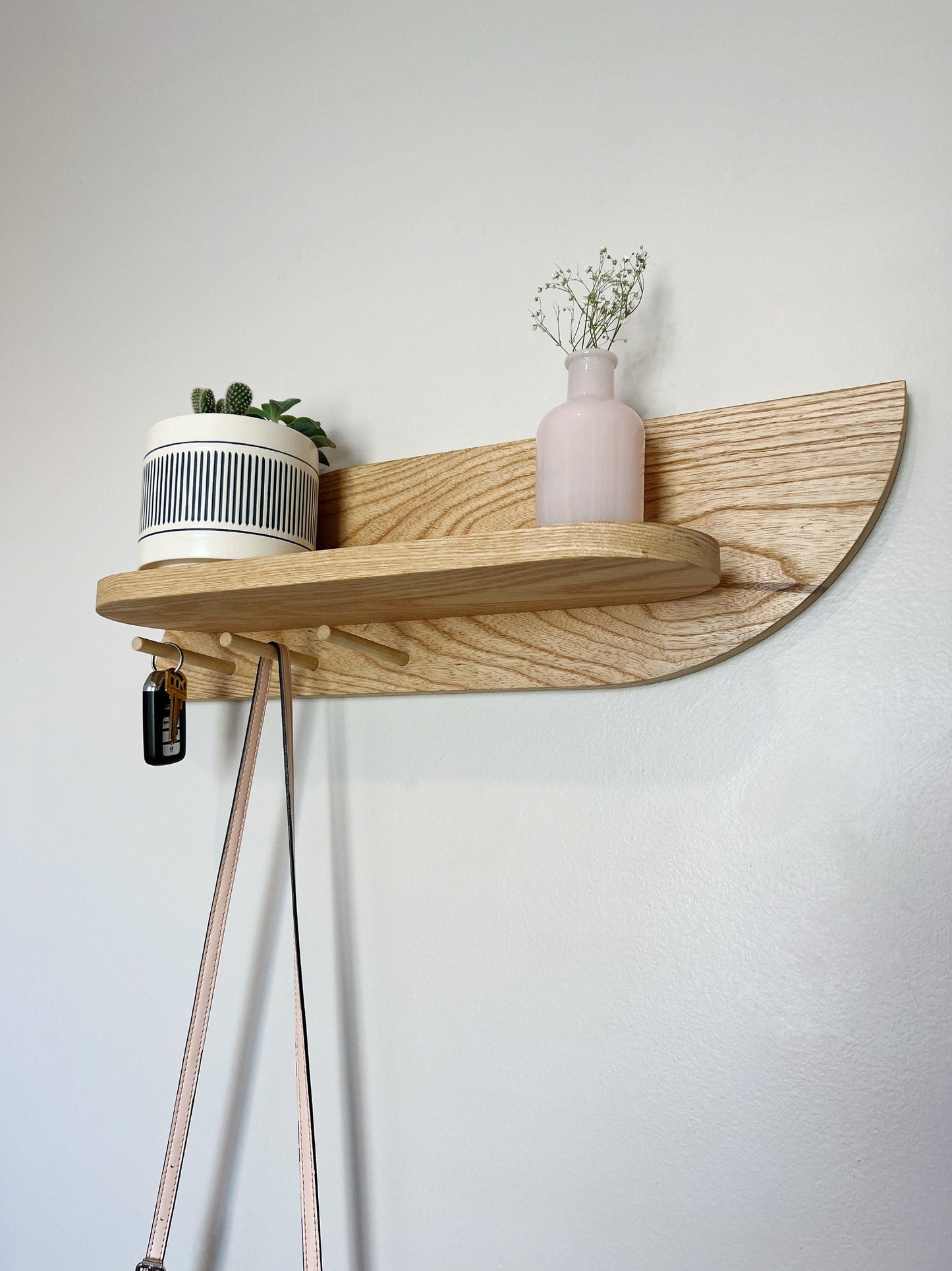 Modern Wall Shelf with Hooks, Entryway Organizer with Wooden Pegs, Solid Hardwood Decor, Tiny Home Apartment Shelf, Continuous Flowing Shelf