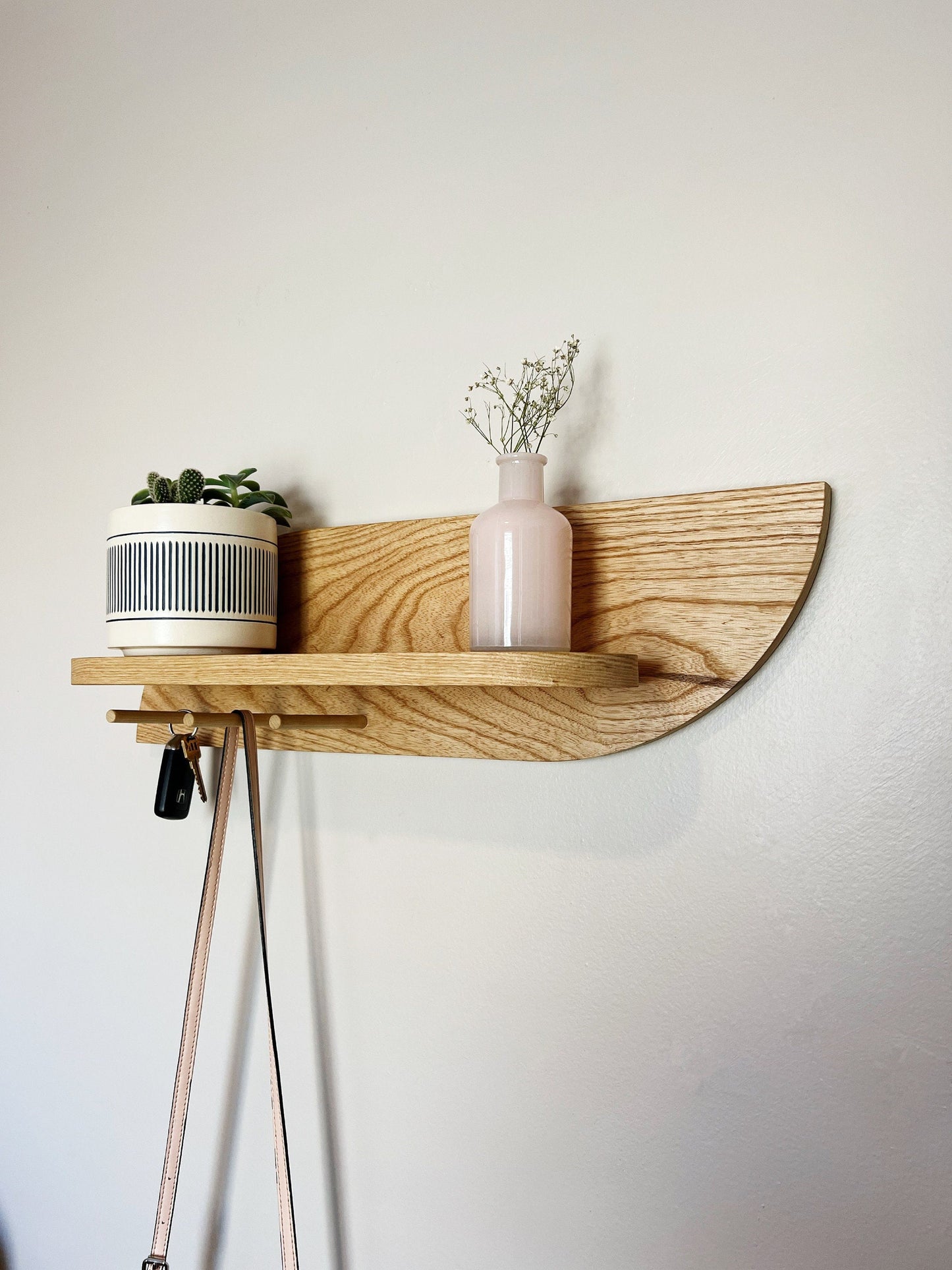 Modern Wall Shelf with Hooks, Entryway Organizer with Wooden Pegs, Solid Hardwood Decor, Tiny Home Apartment Shelf, Continuous Flowing Shelf